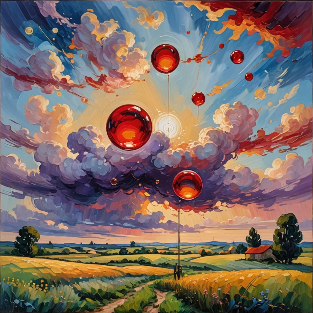 Red Bubbles in Rural Landscape as Impasto Oil Painting