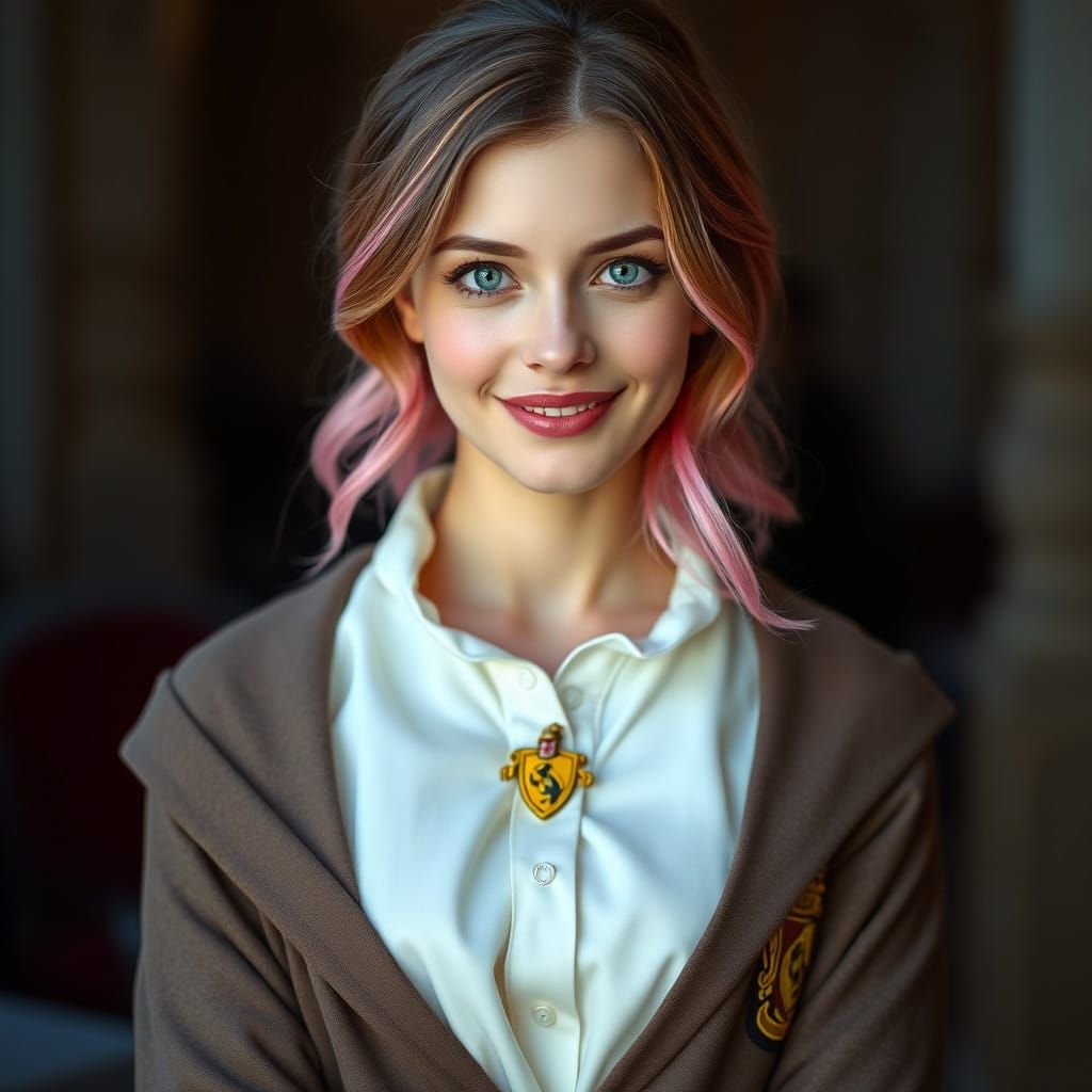 Gentle Hufflepuff Woman with Whimsical Ombre Hair and Teal E...