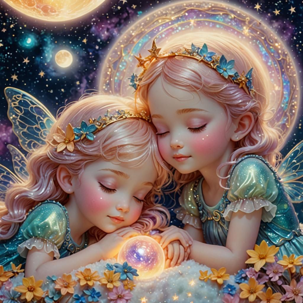 Fairies Sleeping on Bioluminescent Moon in Candy Art