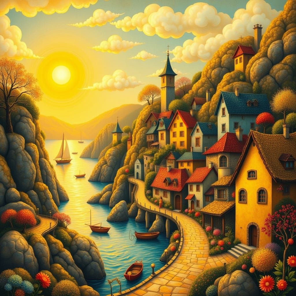 Whimsical Pastel Fishing Village at Sunset