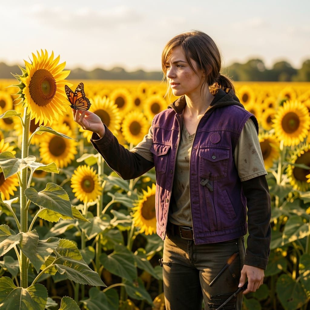 Violet in Sunflower Field Reaching for Butterfly
