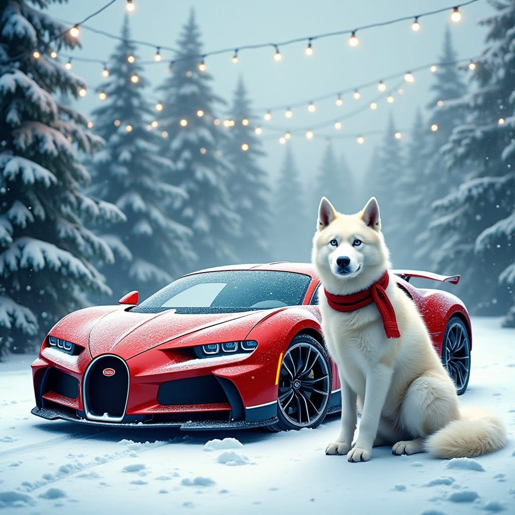 Winter Wonderland with Super Car and Husky in Whimsical Chri...