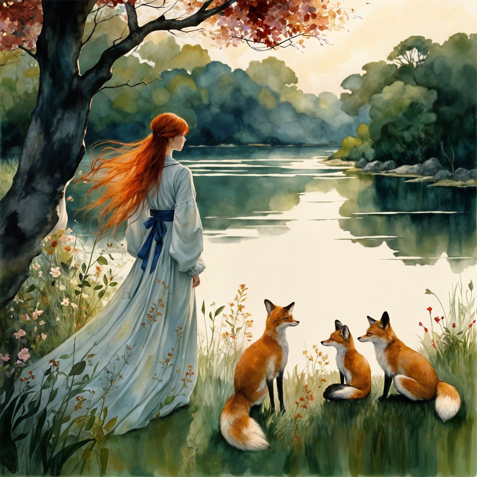 Princess and Foxes: Romantic Art Nouveau Scene