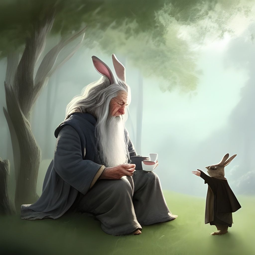 Gandalf and Hobbit Bunny Tea Party: Digital Art