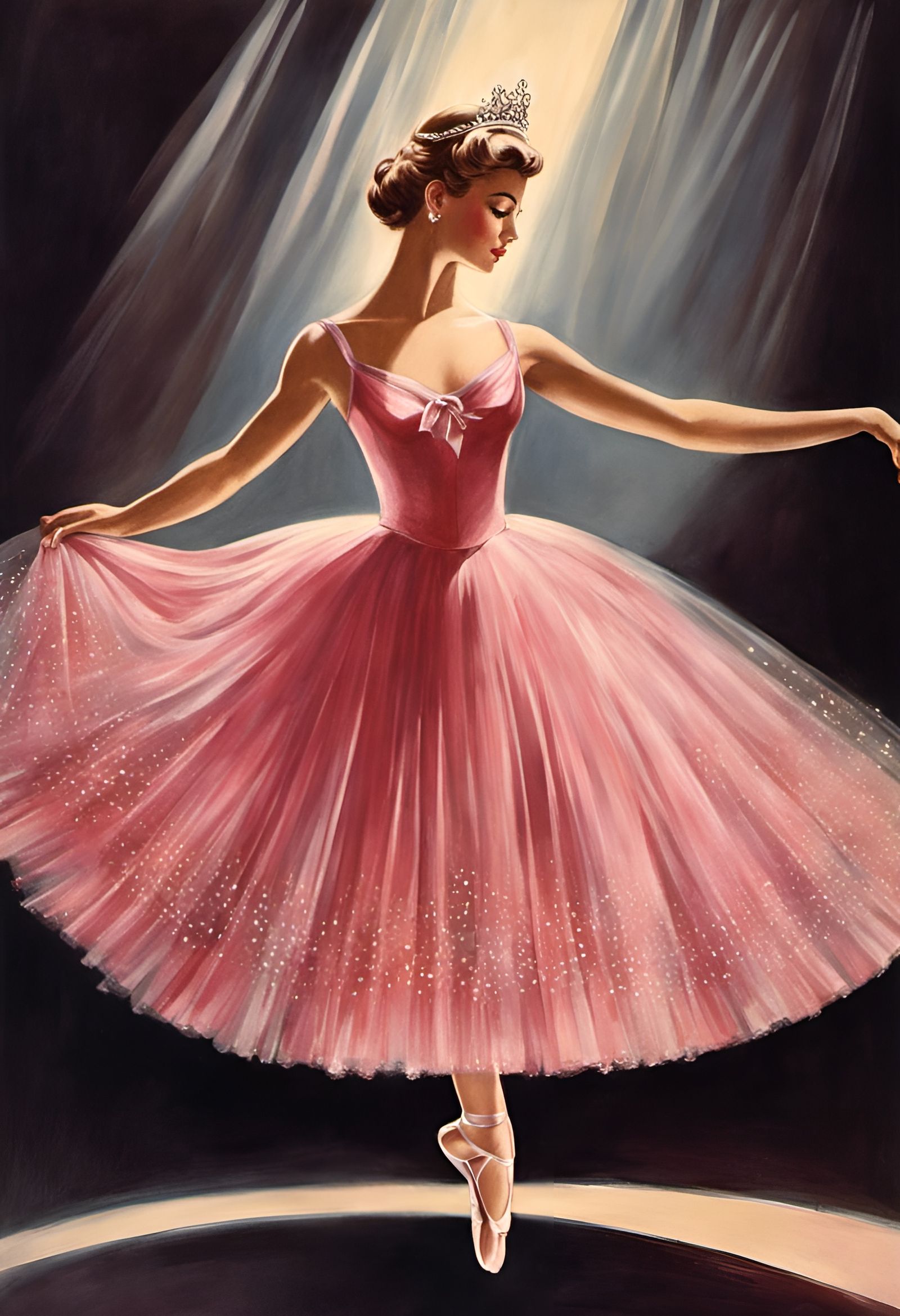 Vintage Illustration of Ballerina in Pink Tulle Dress