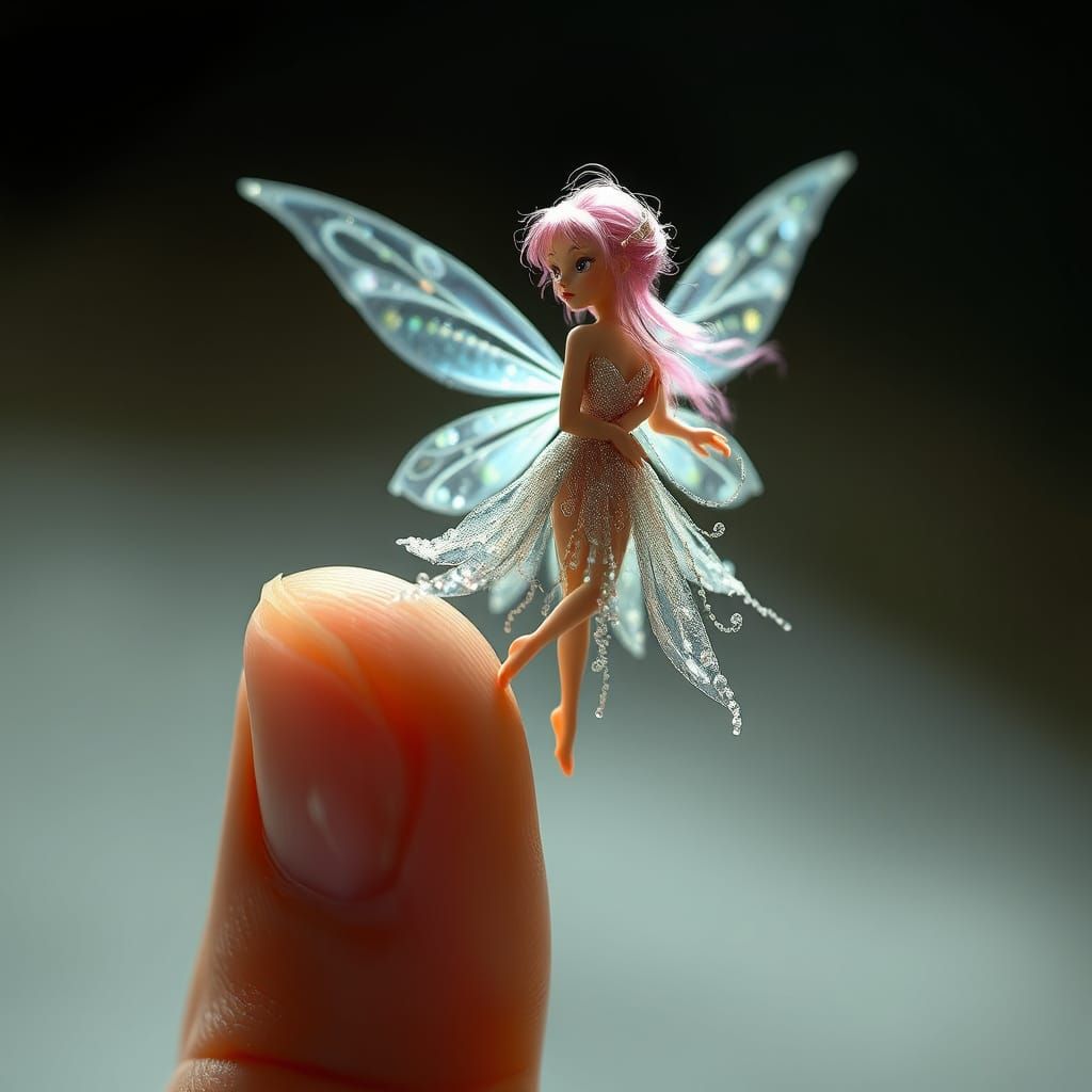 Ethereal Fairy Perched on Human Finger in Whimsical Art Styl...