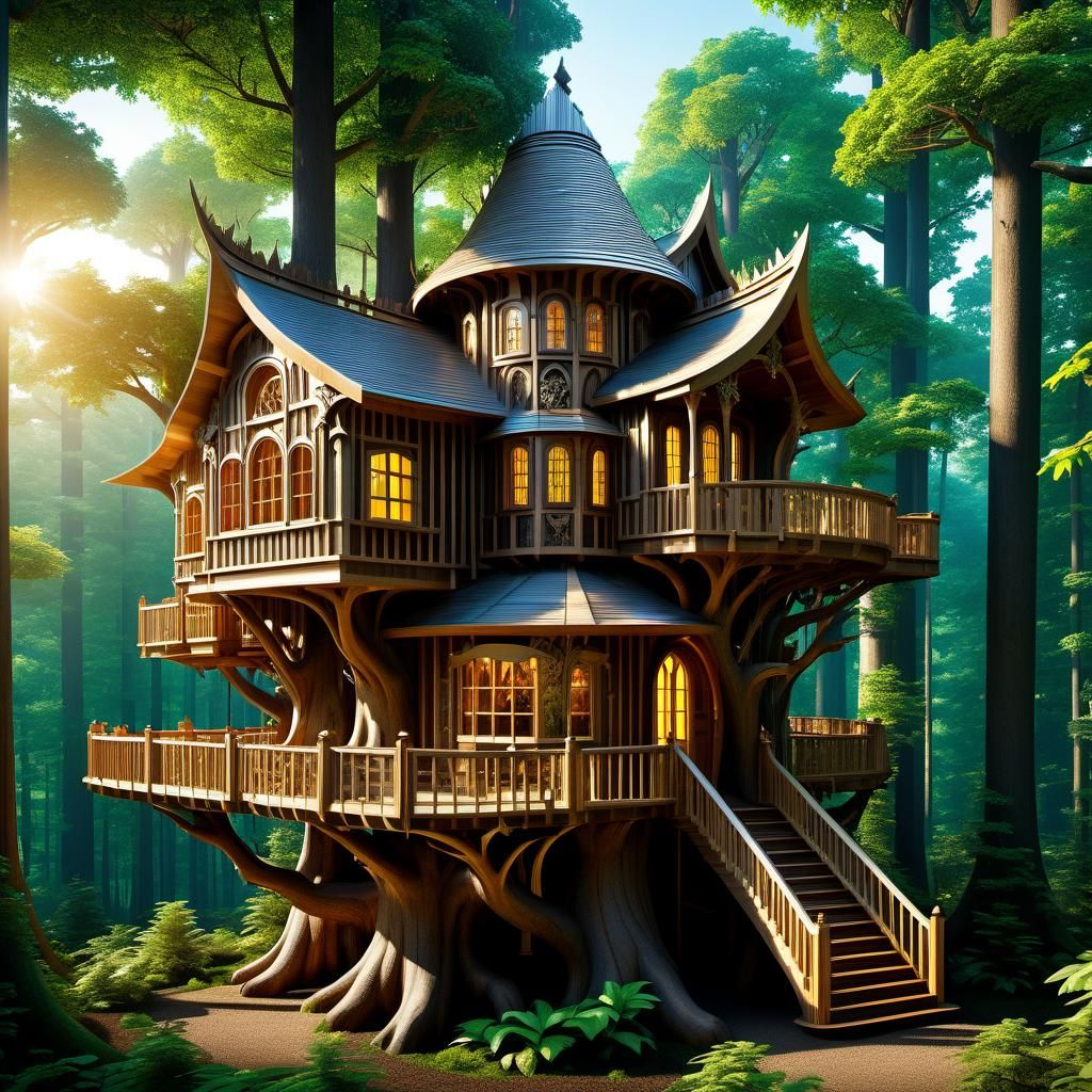 Hypermaximalist Treehouse Mansion in Forest