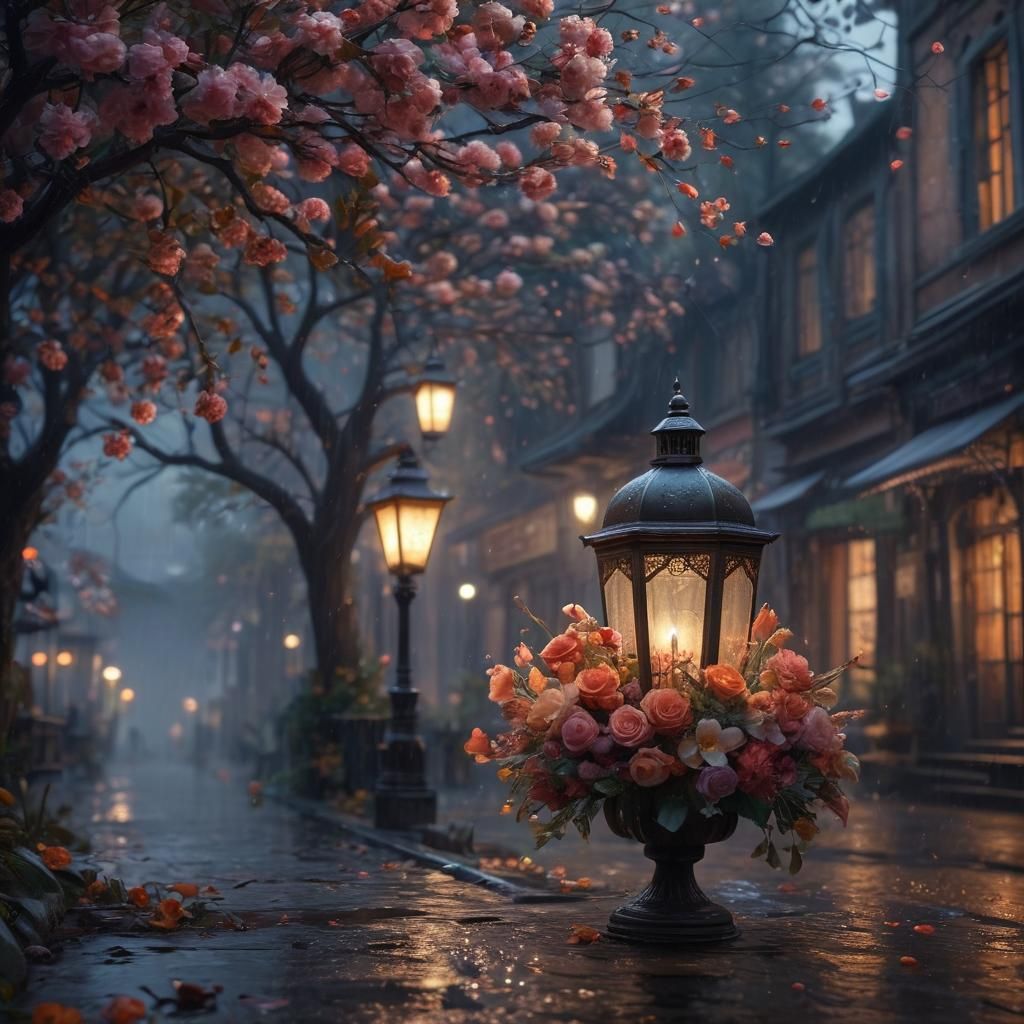 Flowers in Rainy Street: Fantasy Concept Art