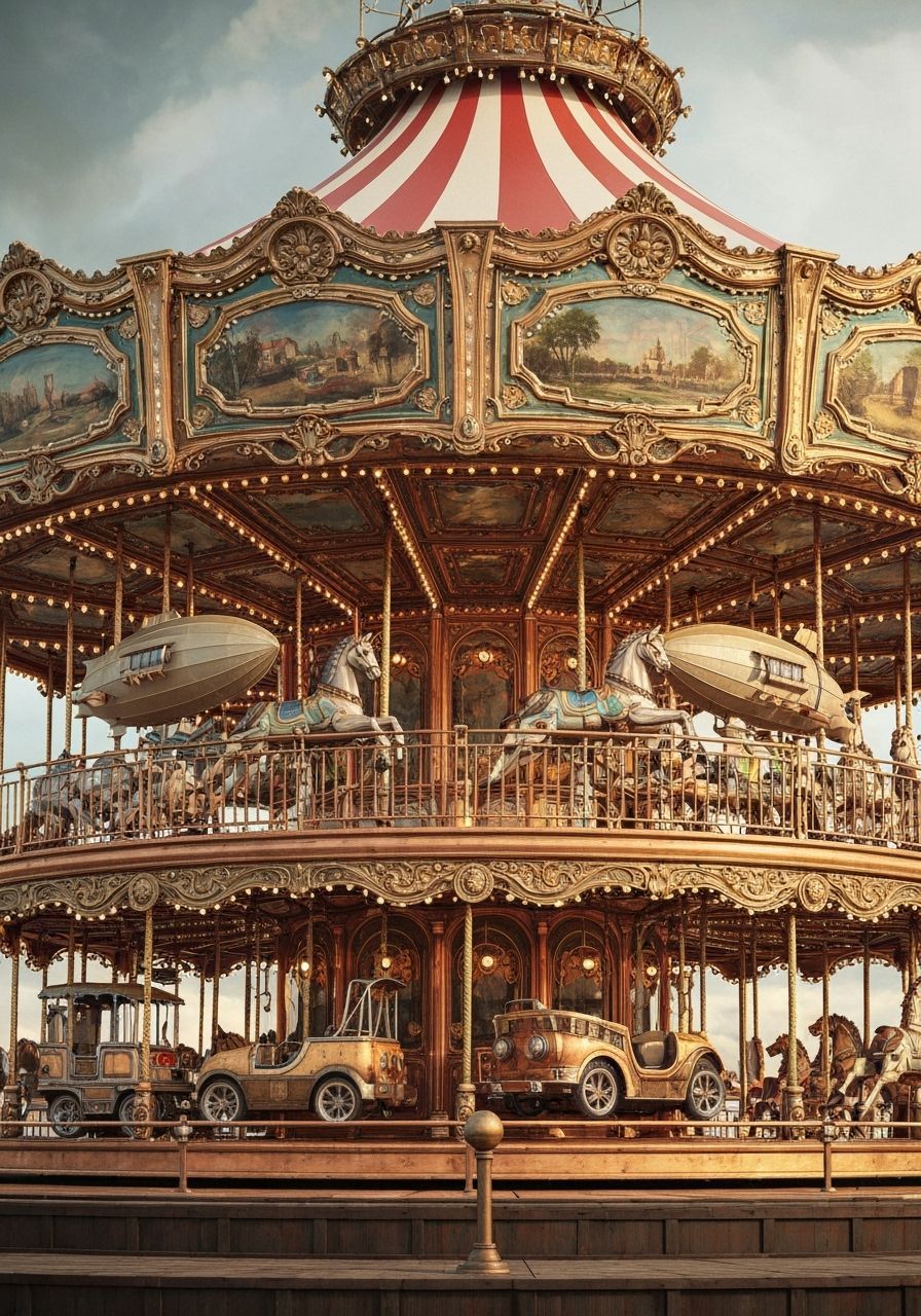 Steampunk Carousel With Mechanical Horses and Zeppelins