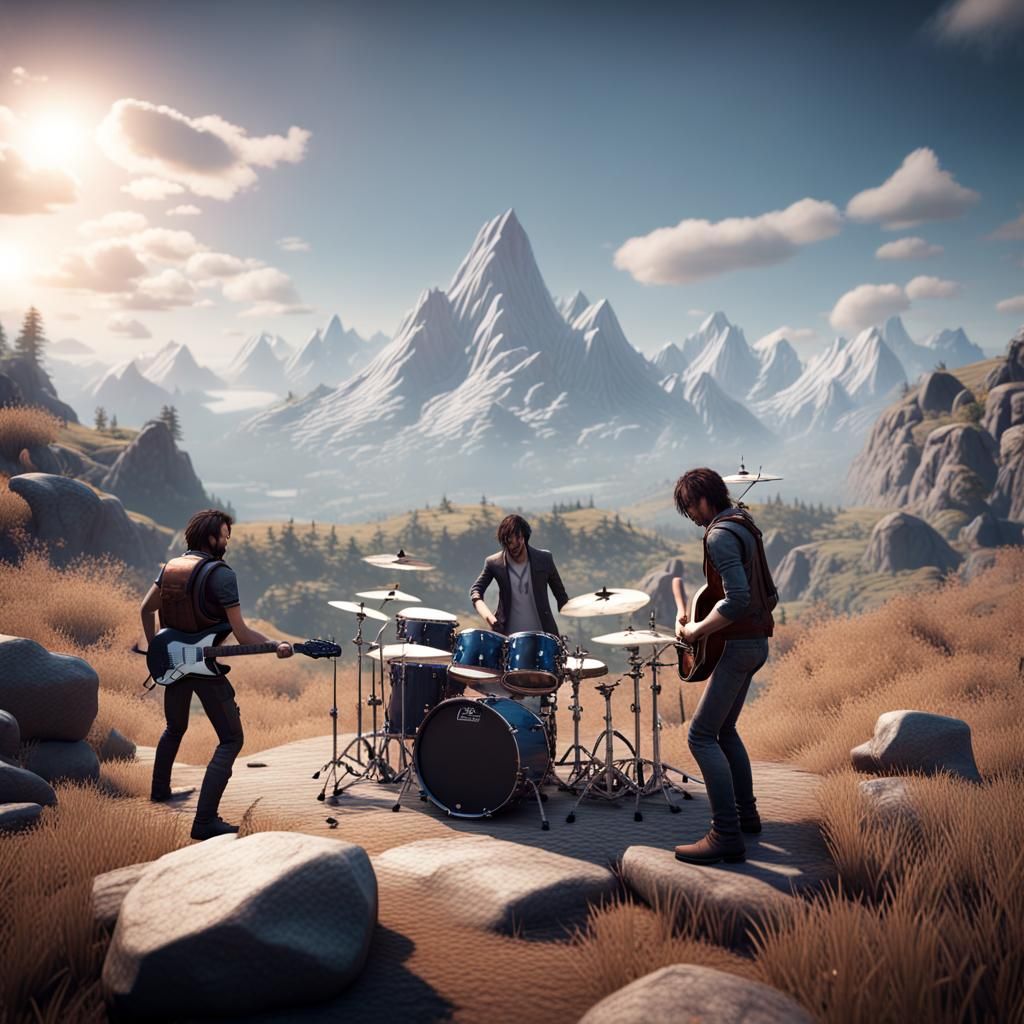 Rock Band Performance in 3D Game Cinematic Style