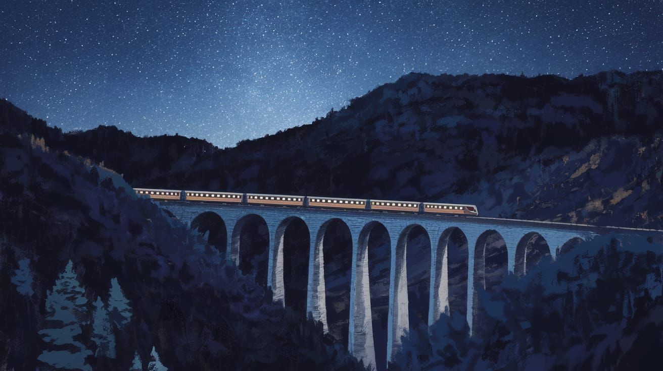 Train Crossing Starry Viaduct in Digital Painting