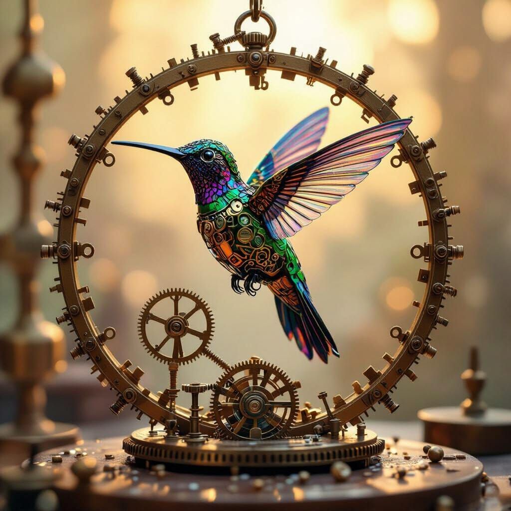 Intricate Clockwork Hummingbird in Steampunk Workshop