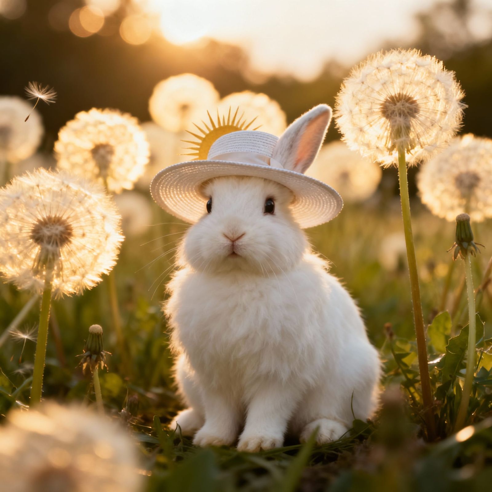 Fluffy Rabbit in Sun Hat Amidst Luminous Dandelions