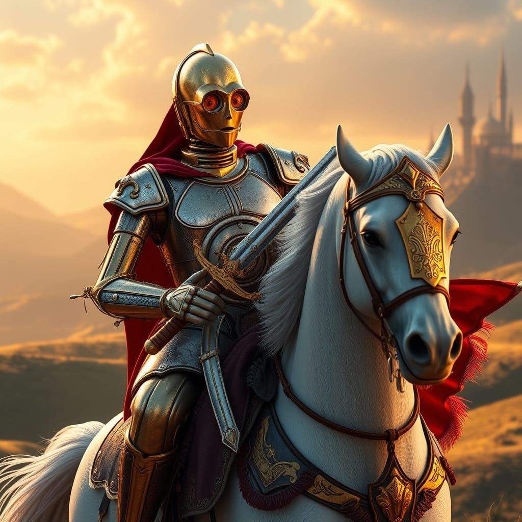 Medieval C3-PO in Regal Armor, Holding Sword and Shield, Set...