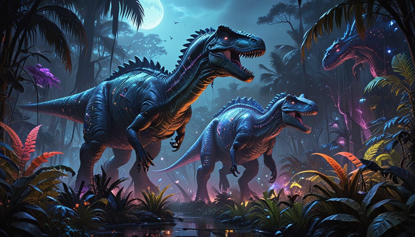 Giant Alien Dinosaurs in a Neon Jungle