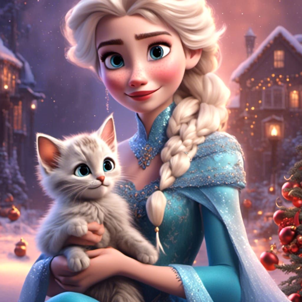Elsa with Kitten in Pixar Animation Style