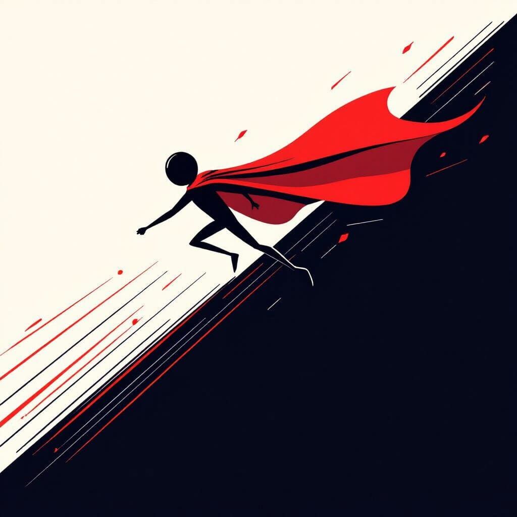 Minimalist Stickman Soars in Red Cape Vector Art