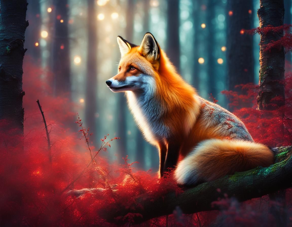Mystical Red Fox in Klimt-Inspired Magical Woods