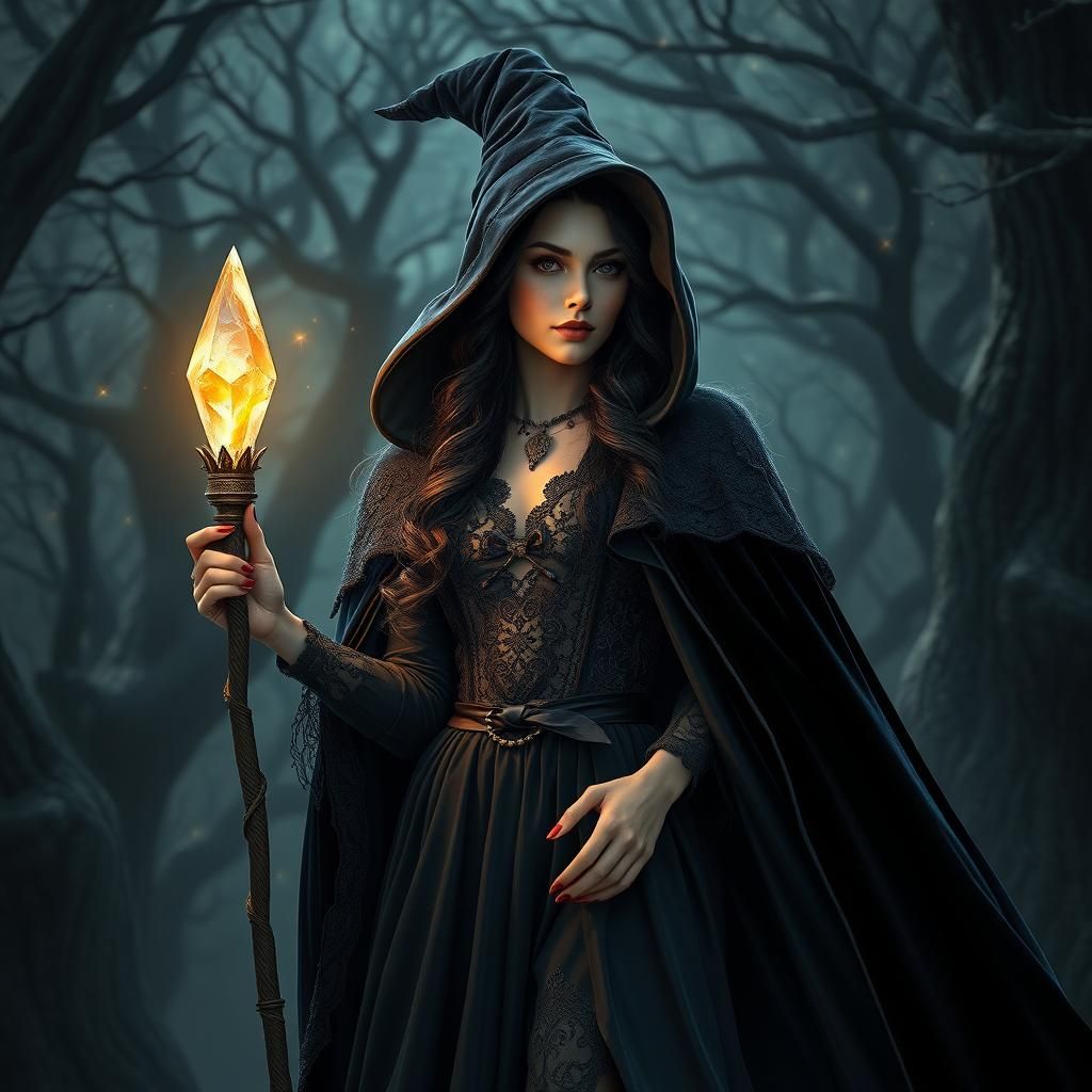 Enchanting Witch with Crystal Wand in 3D Art