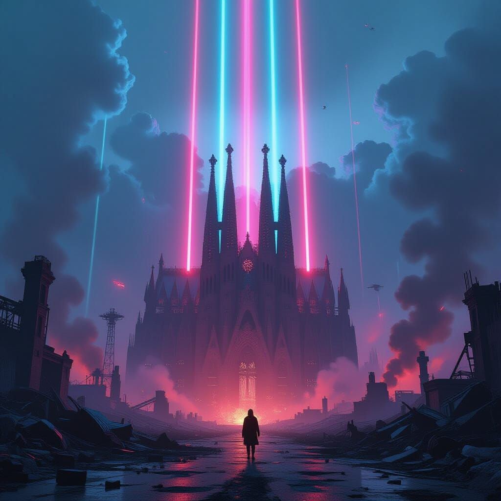 Cyberpunk Laser Cathedral Rises Over Ruined Battlefield