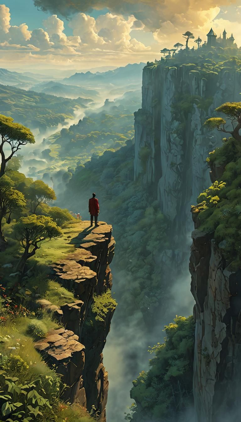 Giant Adventurer Stands at Cliff's Edge, Overlooking a Dista...