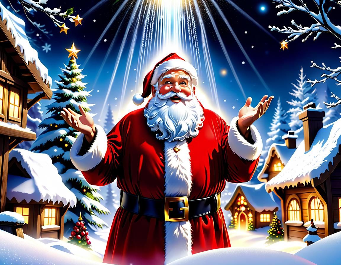 Santa Claus in Winter Snow Land With Fairies