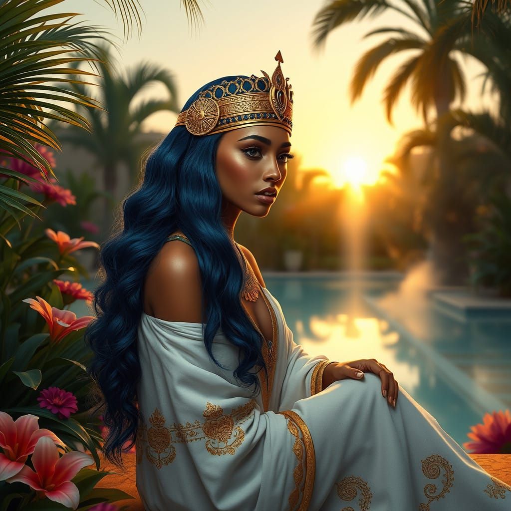 Ancient Egyptian Goddess in Midnight Blue Haired Splendour