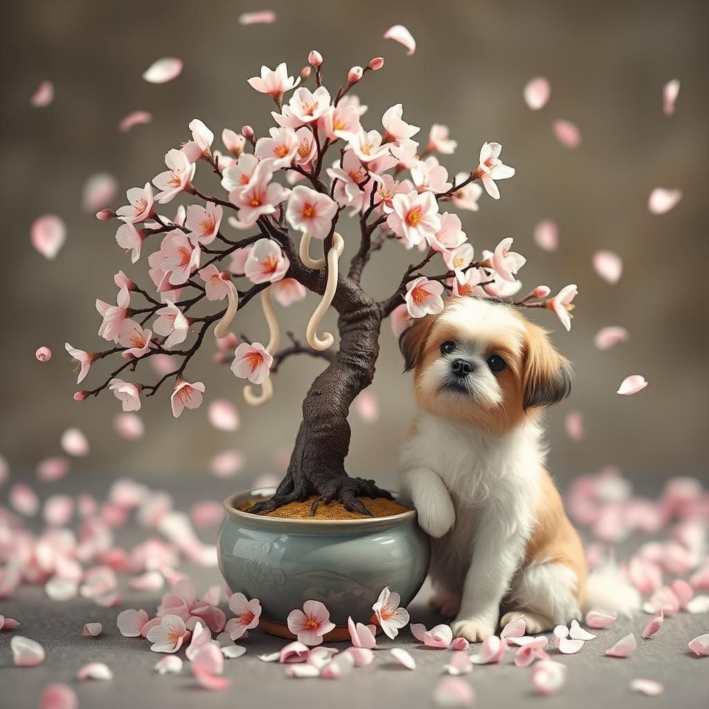 Bonsai Cherry Blossom with Snakes and Dog