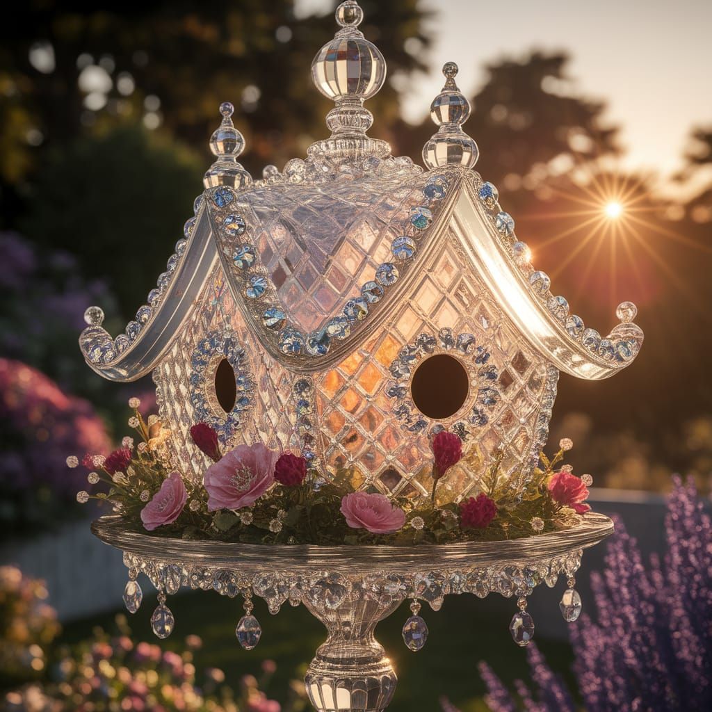 Crystalline Birdhouse in Sunlit Garden