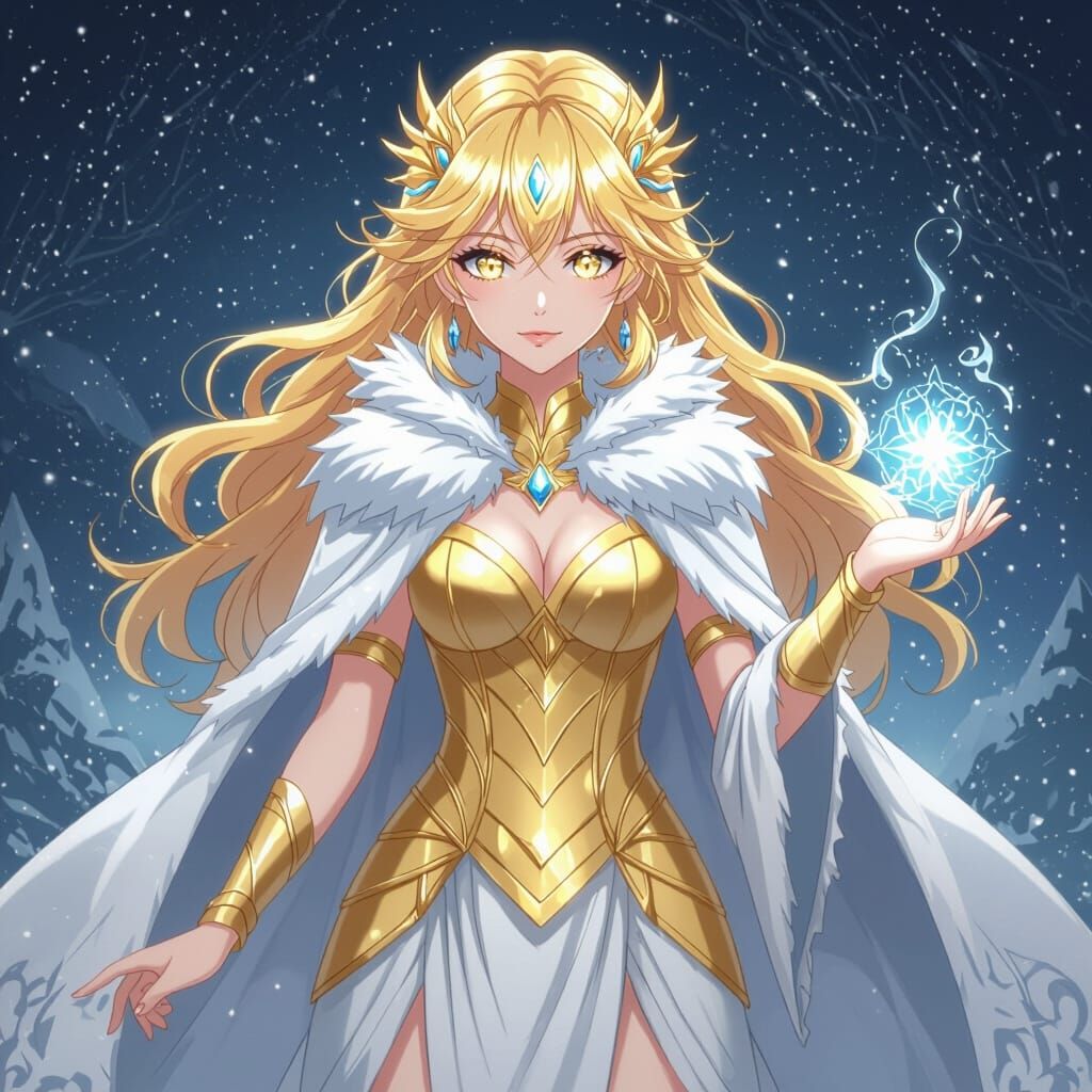 Goddess of Magic in Golden Dress and Snow Cape