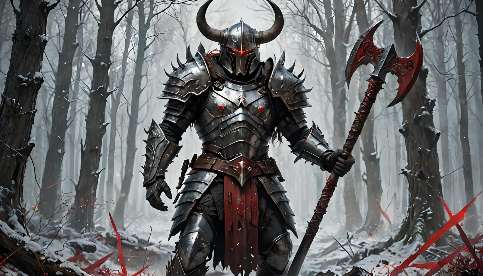 Grim Warrior of Chaos in Dark Winter Forest