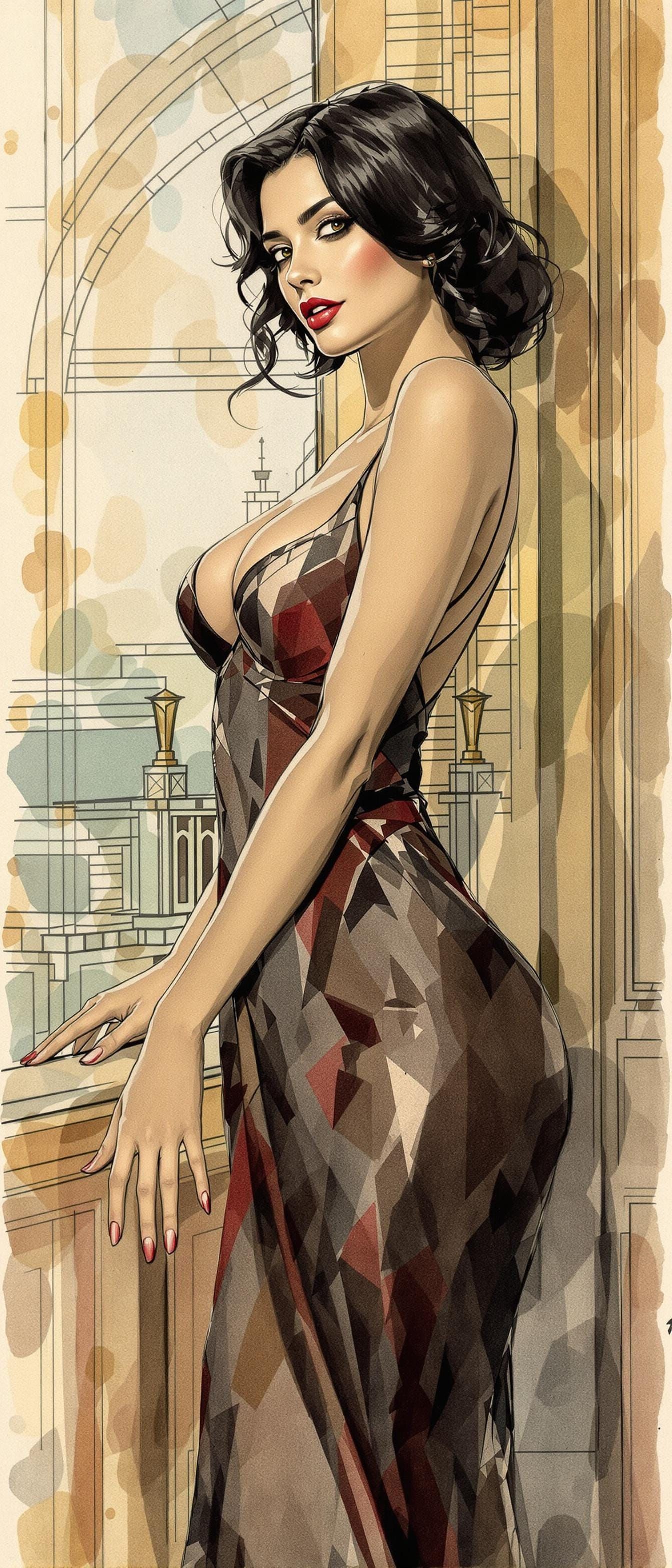 Art Deco Pin-Up in Frank Lloyd Wright Style