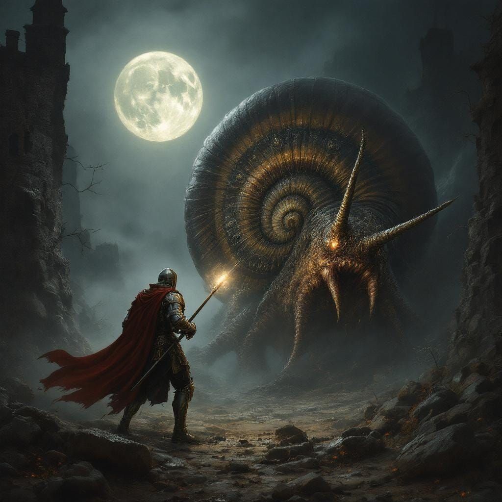 Knight vs. Giant Snail in Rembrandt Style
