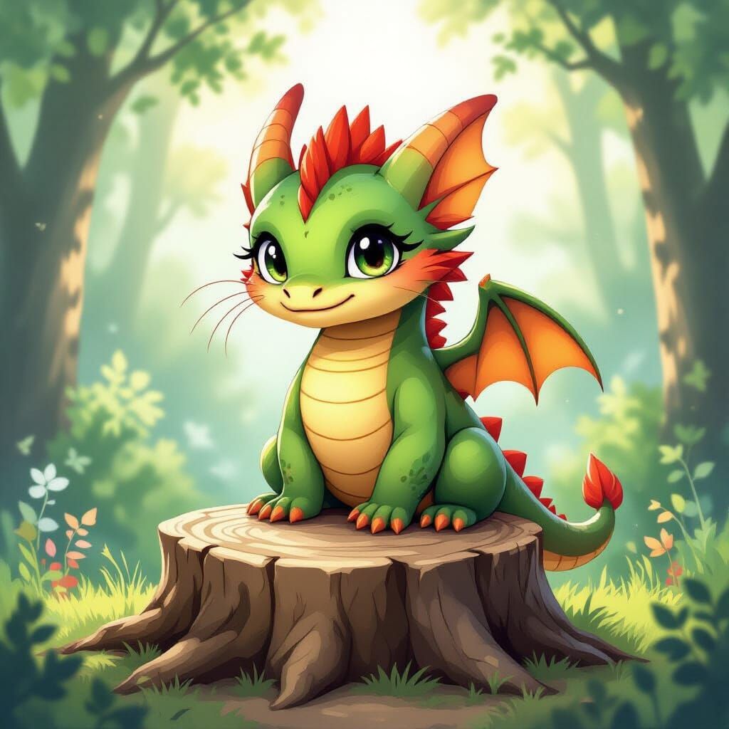 Whimsical Feline Dragon in Mythical Forest