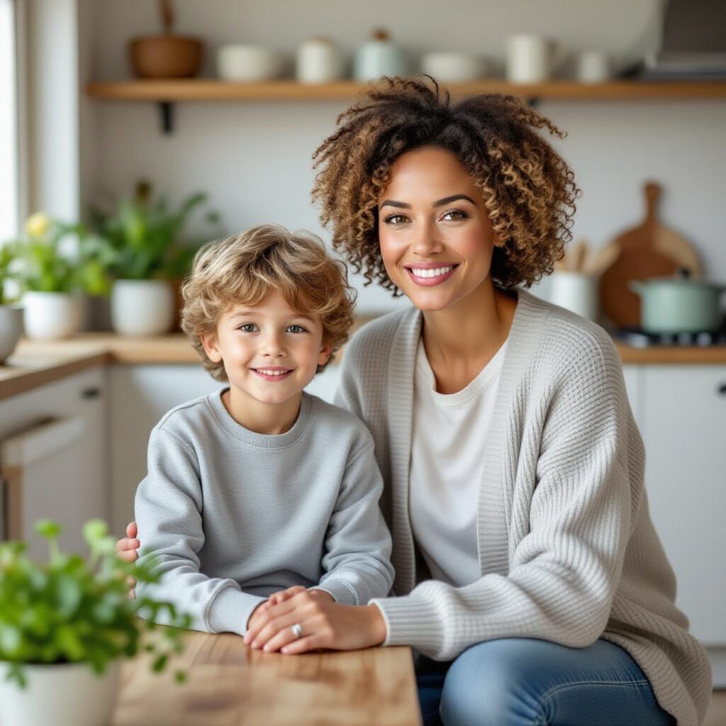 Cozy Kitchen Scene with Mother and Son