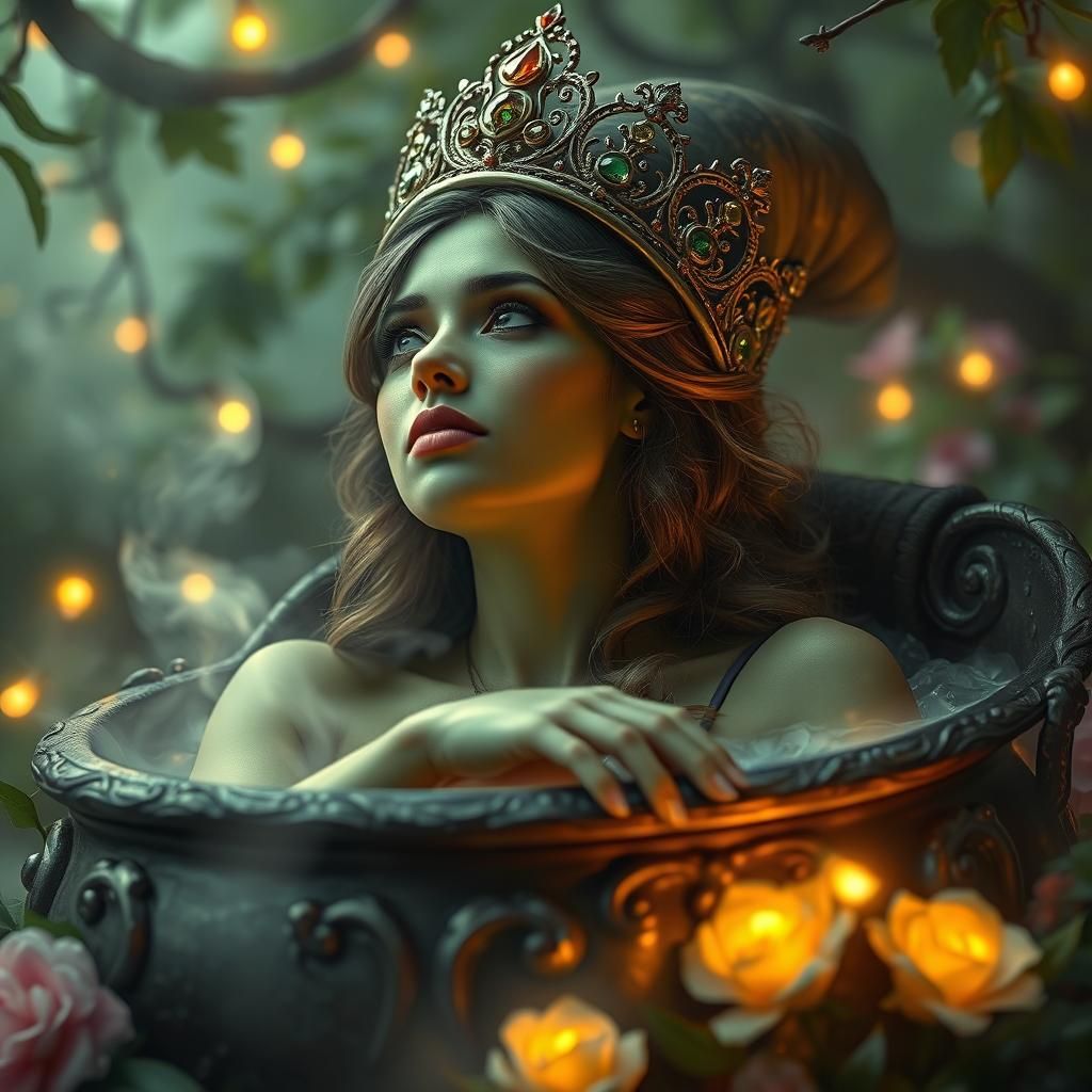 Mystical Witch Bathing in Cauldron with Fireflies