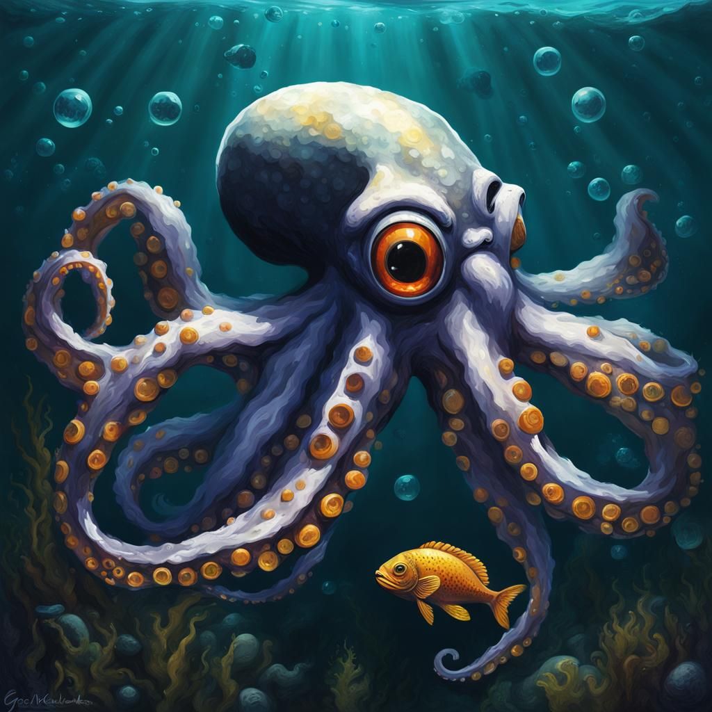 Cybernetic Octopus in Deep Sea, Digital Art