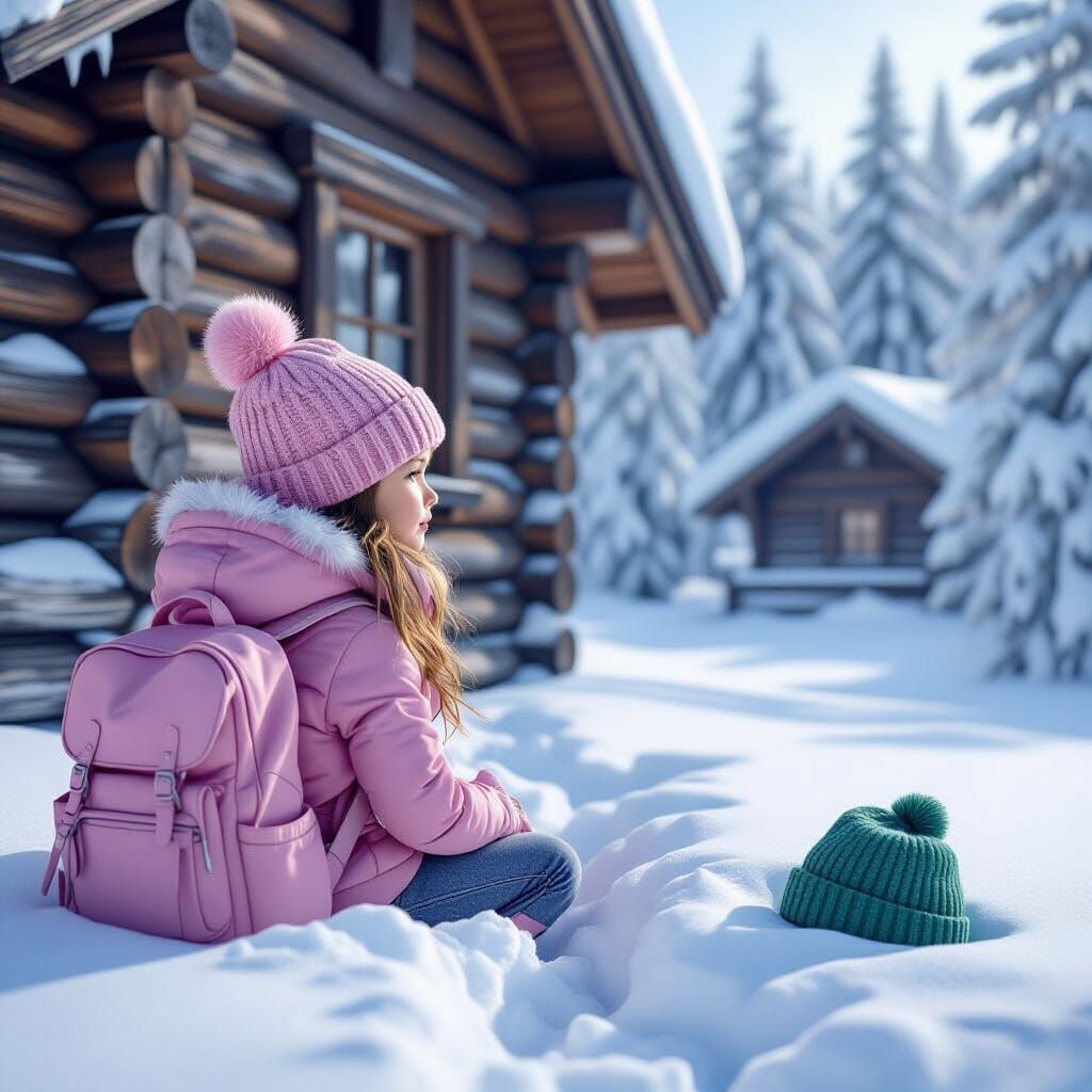 Girl Submerged in Snow by Log Cabin, Fantasy Concept Art