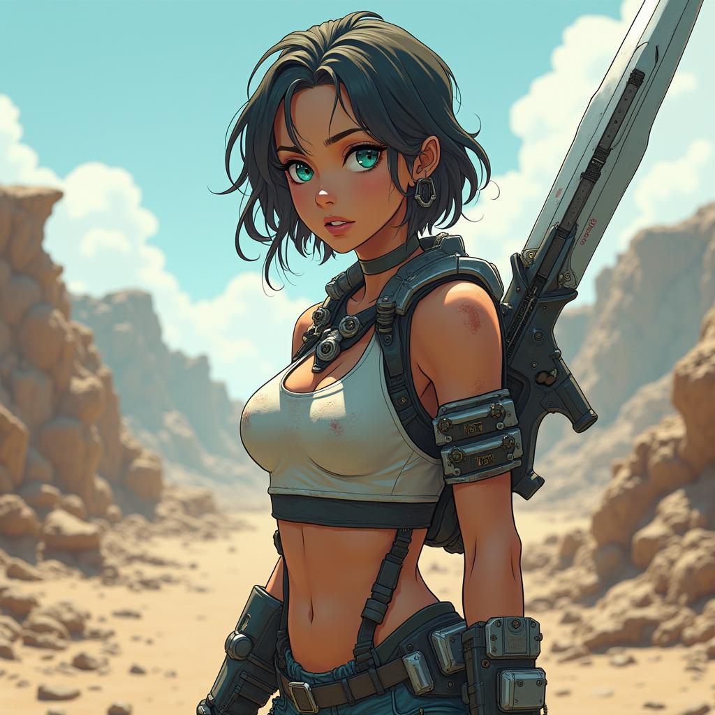 Anime Woman with Sword in Post-Apocalyptic World