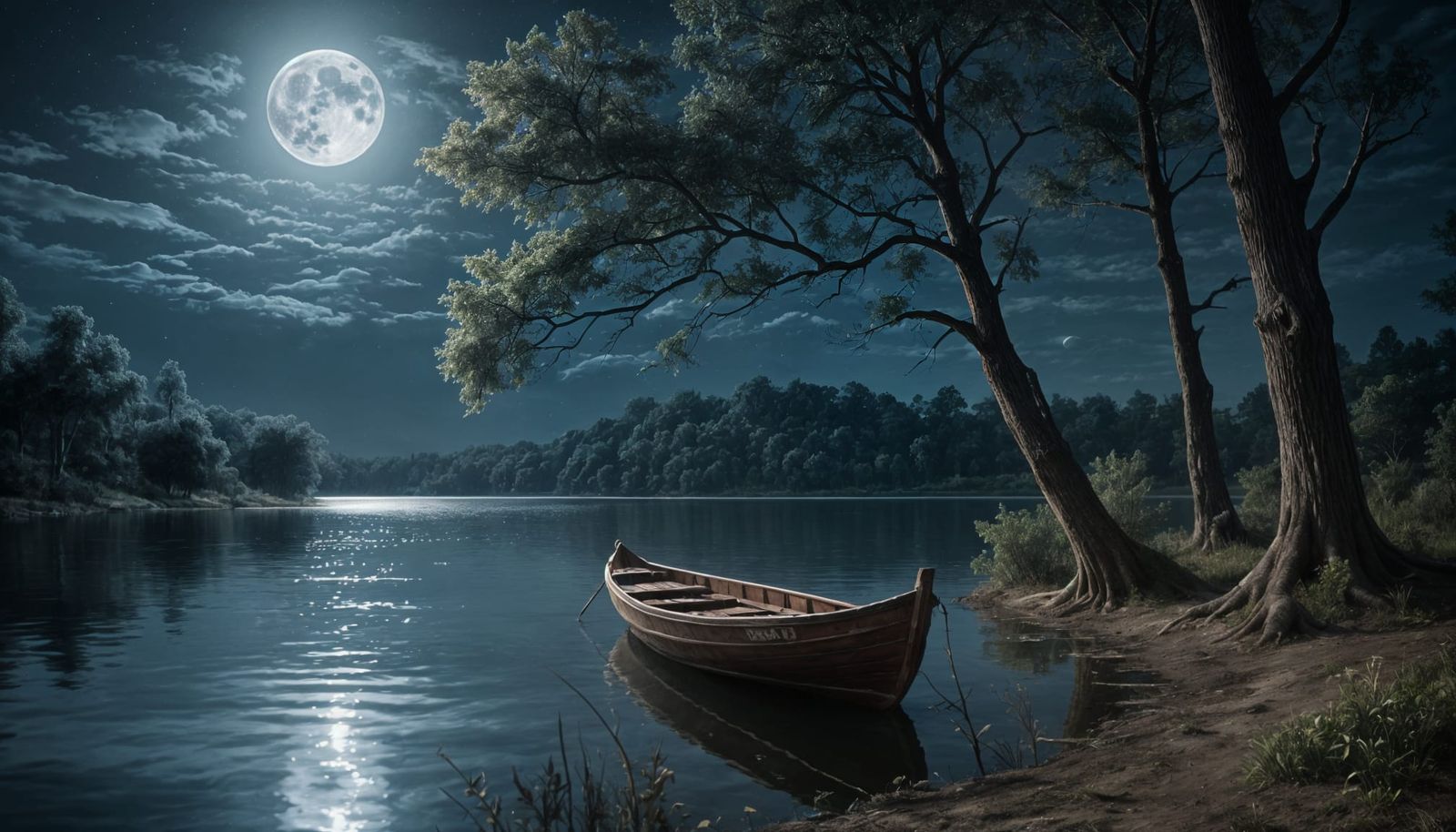 Moonlit Boat on Lake: Chiaroscuro Oil Painting
