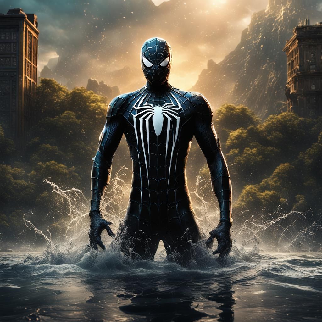 Black Spider-Man Emerges from Lake: Detailed Digital Art