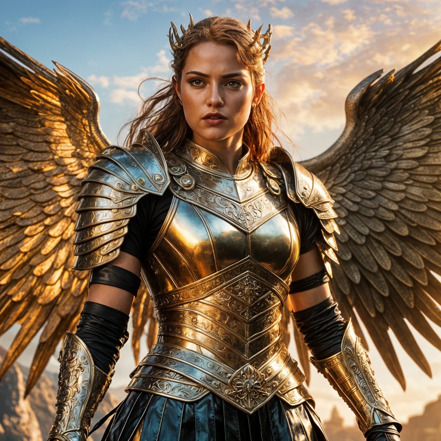 Hyperrealistic Warrior Princess in Shiny Armor Dress