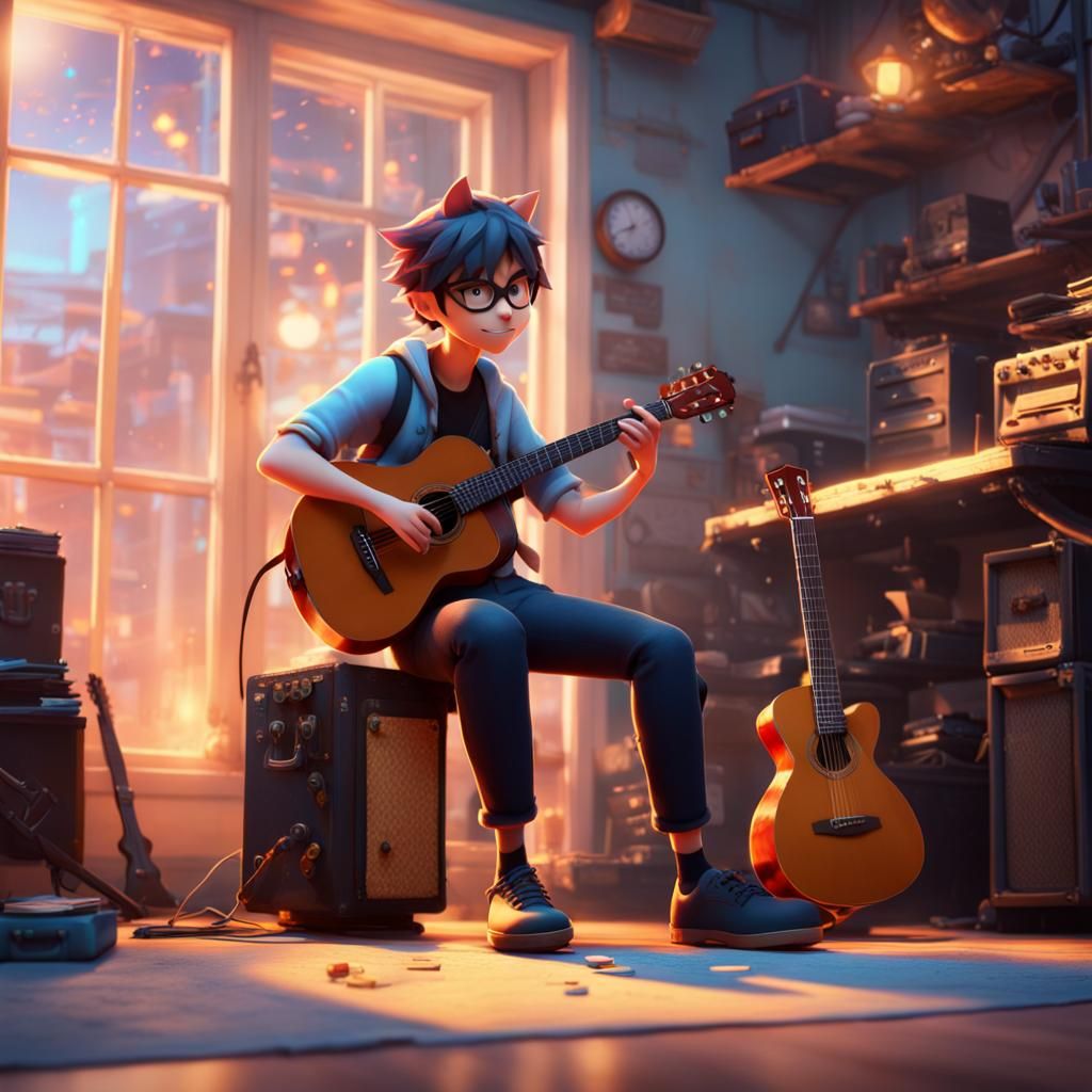 Anime Cat-Boy Guitar Battle: 3D Digital Art