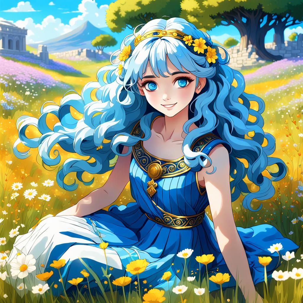 Elegant Woman in Flowery Meadow, Anime Style