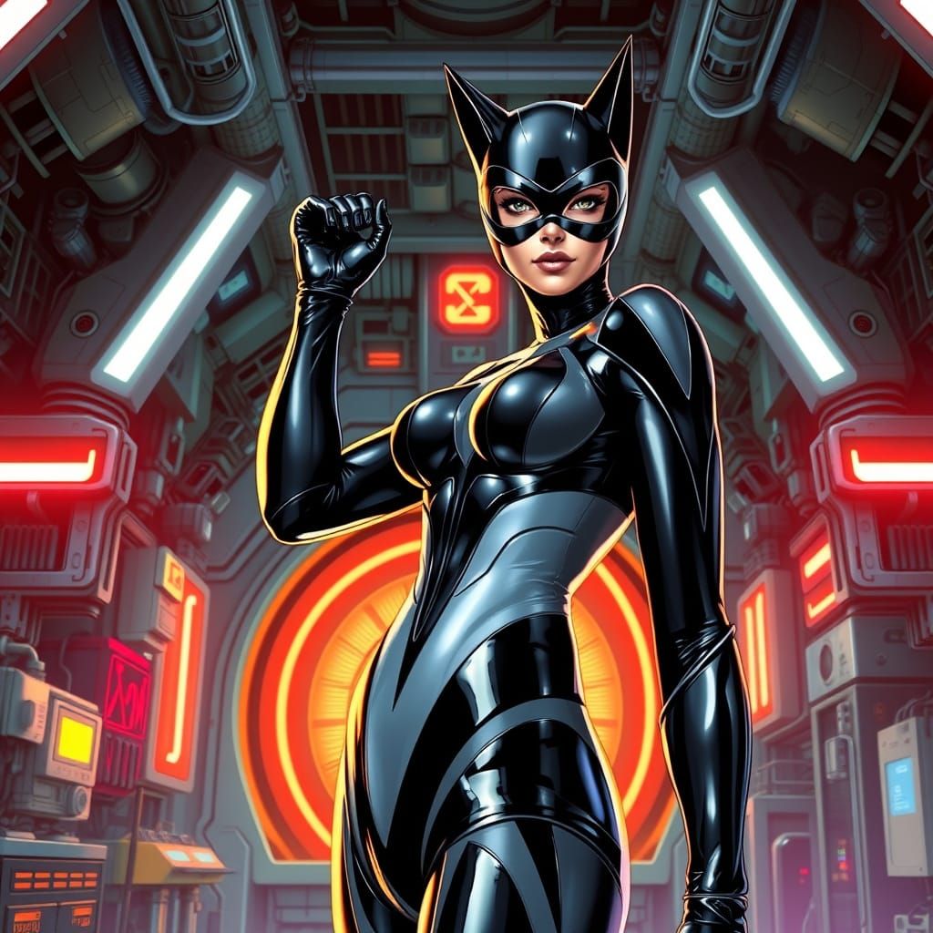 Catwoman in Cyberpunk Industrial Futurism