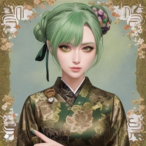 Anime Girl with Green Hair and Floral Dress