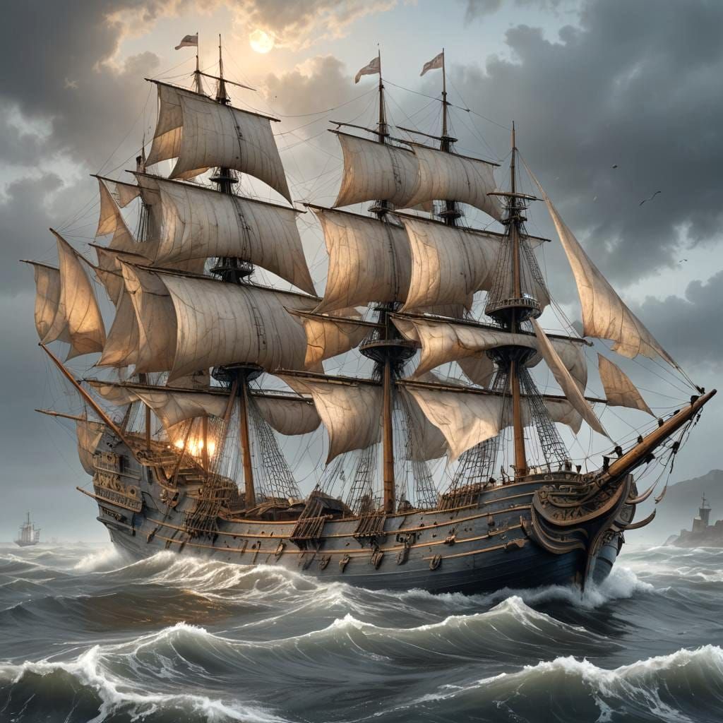 Haunted English Ship on Grey Sea: 1600s Hyperrealism