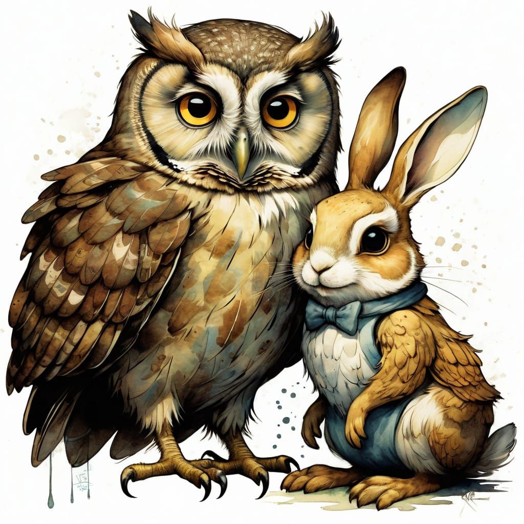 Owl and Rabbit Friendship in Whimsical Illustration Style