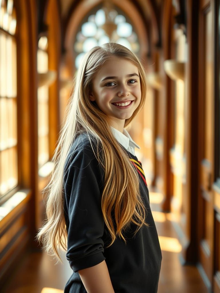 Confident Young Gryffindor Student in Sunlit Hogwarts Corrid...