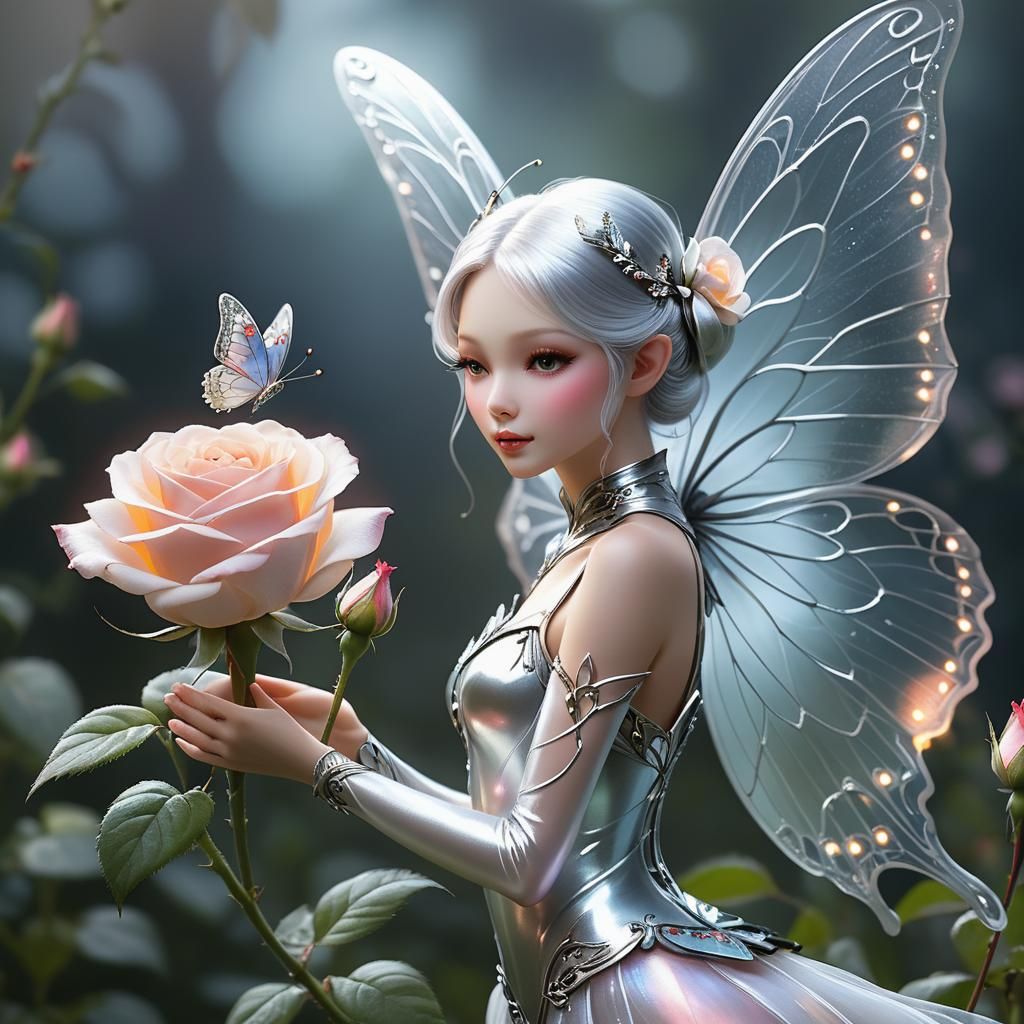 Silver Fairy with Butterfly Wings and Rose